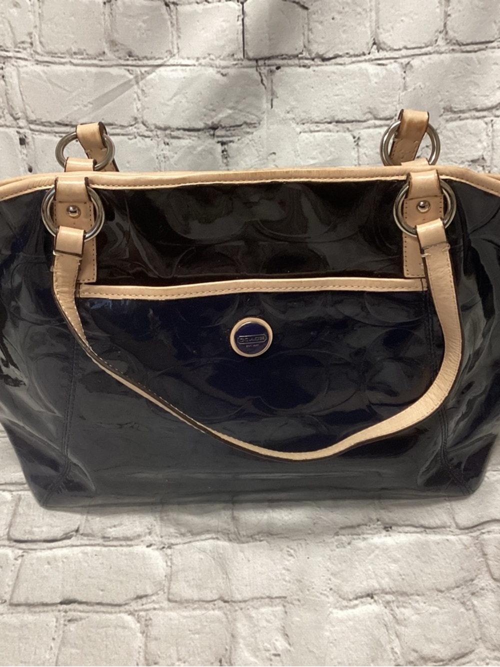 Coach Navy Patent Leather Shoulder Tote with Beige Trim